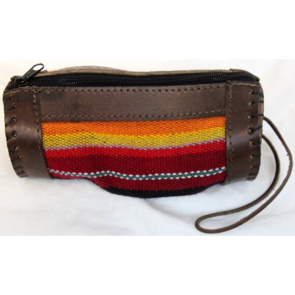 Peruvian Peru Pencil Stationary Case Round Woven Native Blanket Leather Pouch - Picture 1 of 8